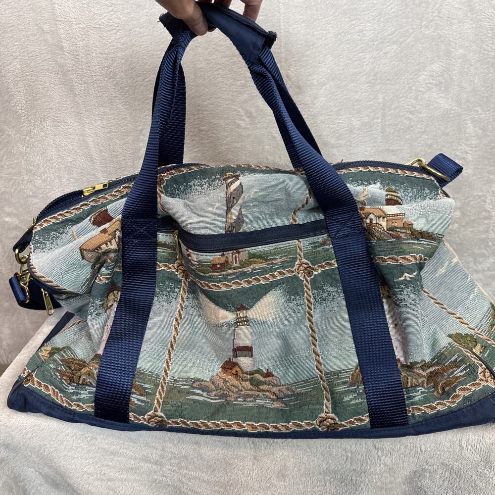 Vintage Lighthouse Tapestry Duffel Bag Weekender Coastal Cottagecore Grandmacore